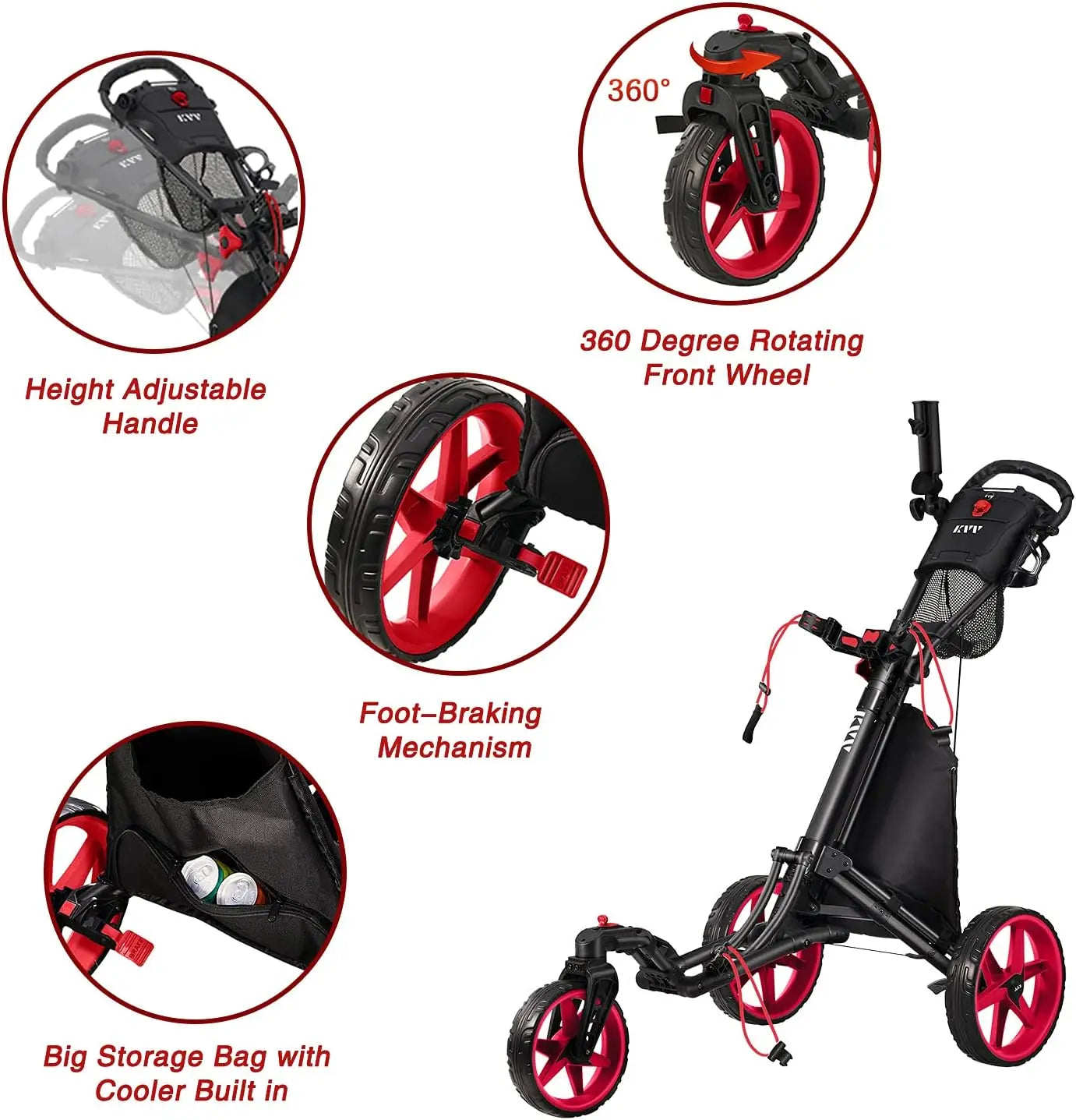 3 Wheel Golf Push Cart with 360 Rotating Front, Opens/Closes in 1 Second, Includes Free Umbrella Holder