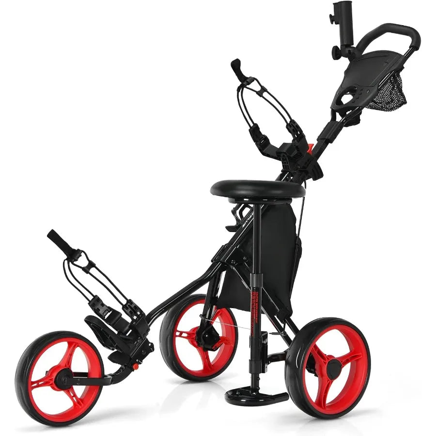 Lightweight Folding 3Wheel Golf Push Cart with Seat and Storage Bag for Easy Transport Featuring Foot Brake Adjustable Umbrella