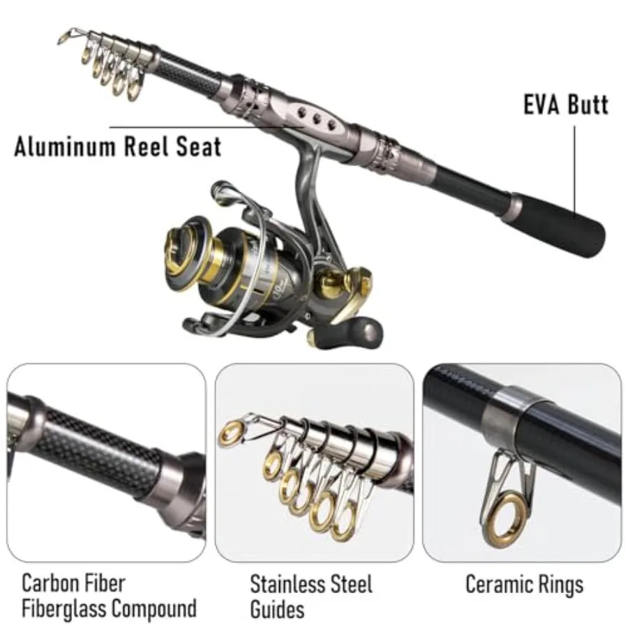 Fishing Rod and Reel Combos 125-Pieces Telescopic Spinning Pole Reel Gear Equipment Set with Tackle Bag for Adult Collapsible Tr