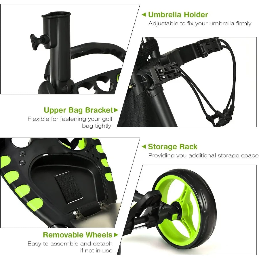 Height Adjustable Portable Golf Push Cart with Umbrella Holder Waterproof Bag Built-in Cooler Foot Brake for Easy Transport and