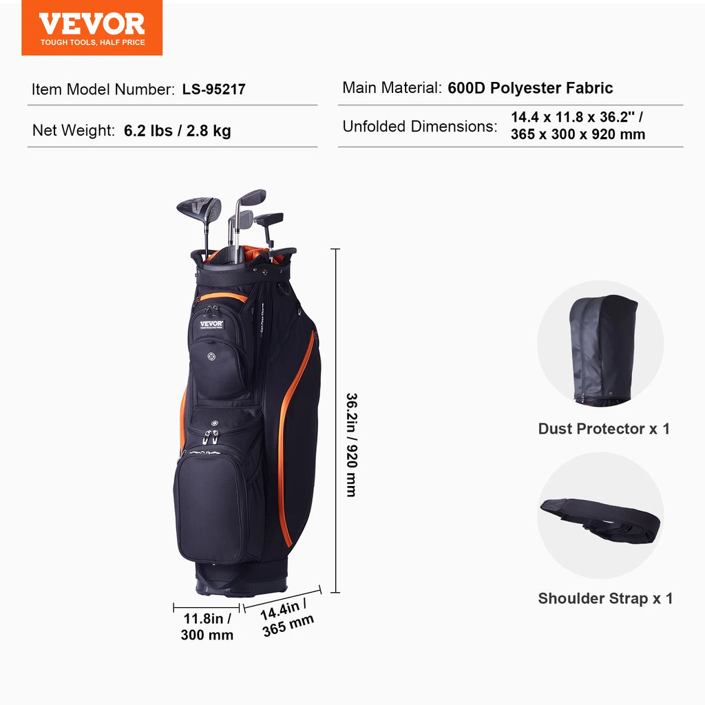 SucceBuy Golf Cart Bag with 14 Way Organizer Divider Top 36” 13 Pockets Premium Cart Bag Durable for Men & Women, Black & Orange