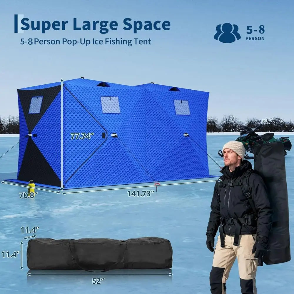 4-8 Person Insulated Ice Fishing Tent with 49 LED Light, Waterproof & Portable with 2 Doors, Anchors, Ropes & Carry Bag