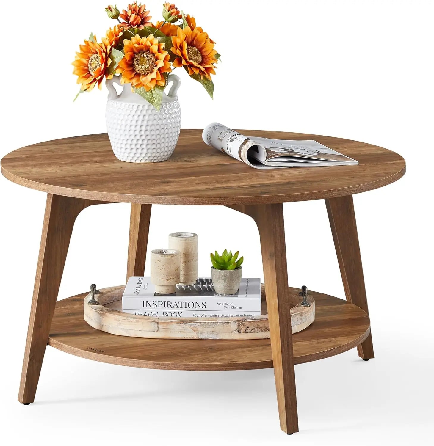 Round Coffee Table with Storage, 2-Tier Design, Tapered Legs, Easy Assembly for Living Room in Honey Brown