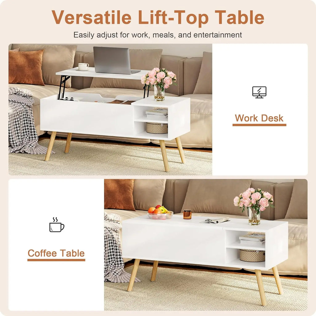 White Lift-Top Coffee Table with Hidden Storage, Solid Wood Legs, and Open Shelves for Living Room