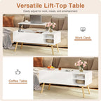 White Lift-Top Coffee Table with Hidden Storage, Solid Wood Legs, and Open Shelves for Living Room
