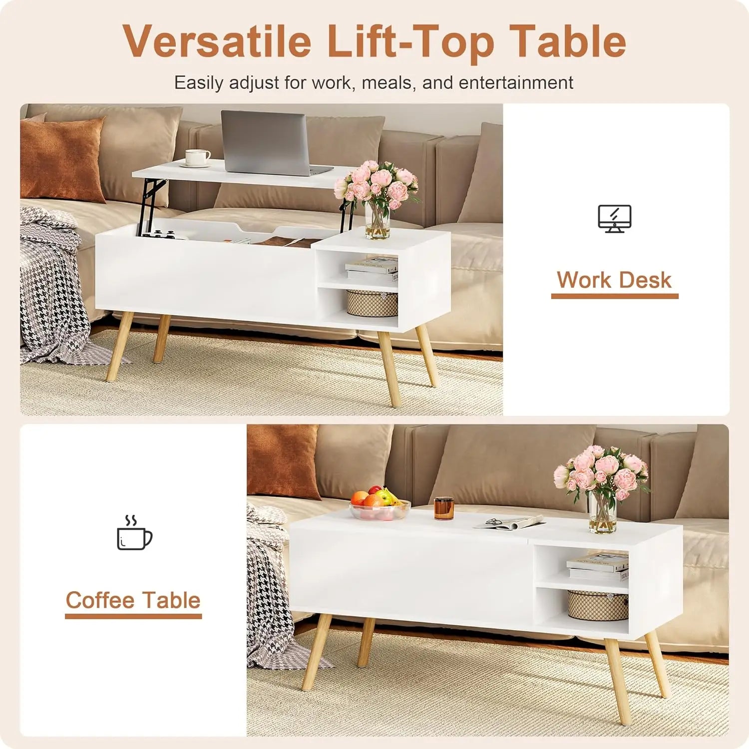 White Lift-Top Coffee Table with Hidden Storage, Solid Wood Legs, and Open Shelves for Living Room