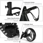 Height Adjustable Portable Golf Push Cart with Umbrella Holder Waterproof Bag Builtin Cooler Foot Brake for Easy Transport and