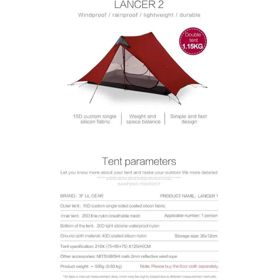 2 Person Tent Hiking Ultralight Camping Tent Professional 15D Silnylon Rodless Trekking Pole Tent Waterproof Backpackin