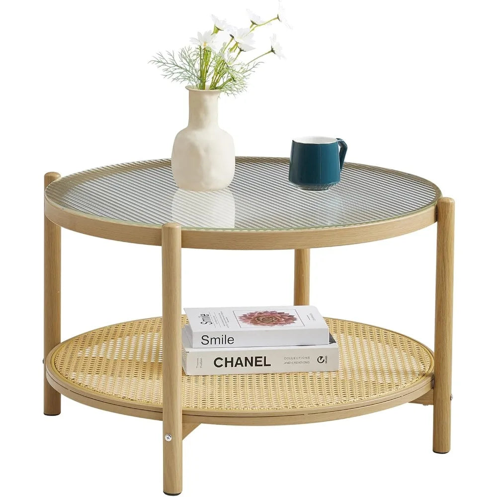 27.5 Boho Rattan Coffee Table, Round Glass Metal Center Table, Modern Simple 2 Tier Middle Table for Small Space Living
