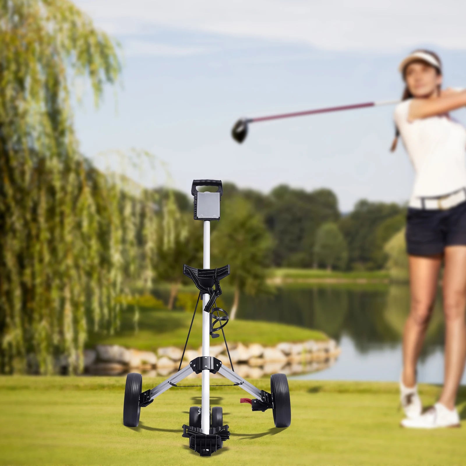 Foldable Portable 3 Wheel Versatile Golf Push Cart Foot Brake with Water Bottle Holder for Golf Courses, Gyms, Schools NEW