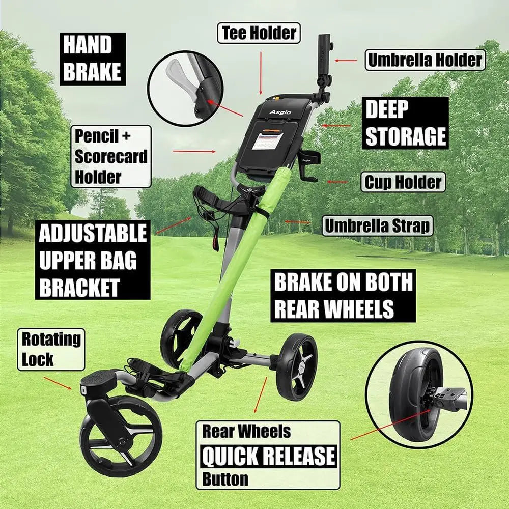 Ultra-Lightweight 3-Wheel Golf Caddy with 360° Swivel Front Wheel, Foldable Design, Dual Brake System, Large Storage Bin, and Cu