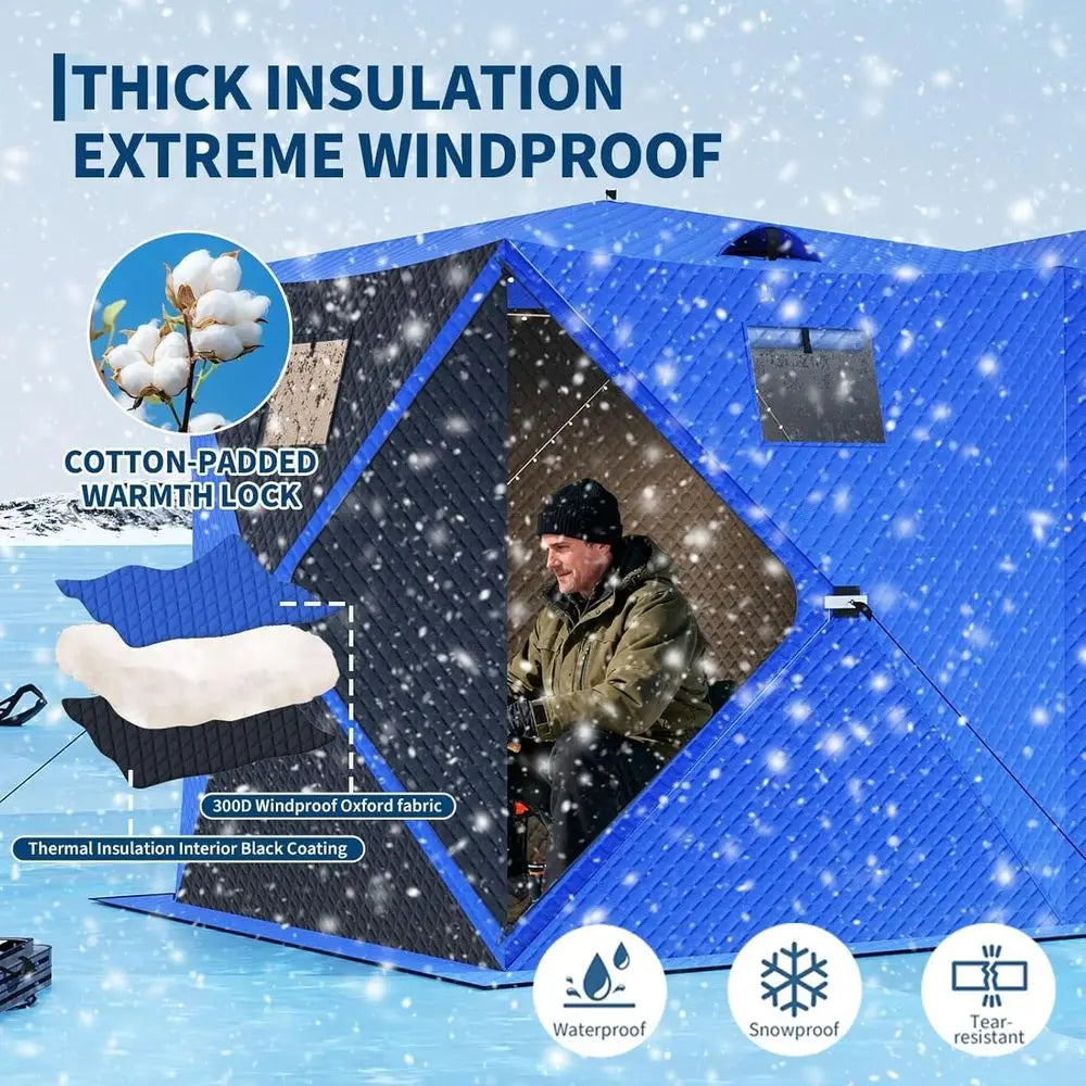 4-8 Person Insulated Ice Fishing Tent with 49 LED Light, Waterproof & Portable with 2 Doors, Anchors, Ropes & Carry Bag