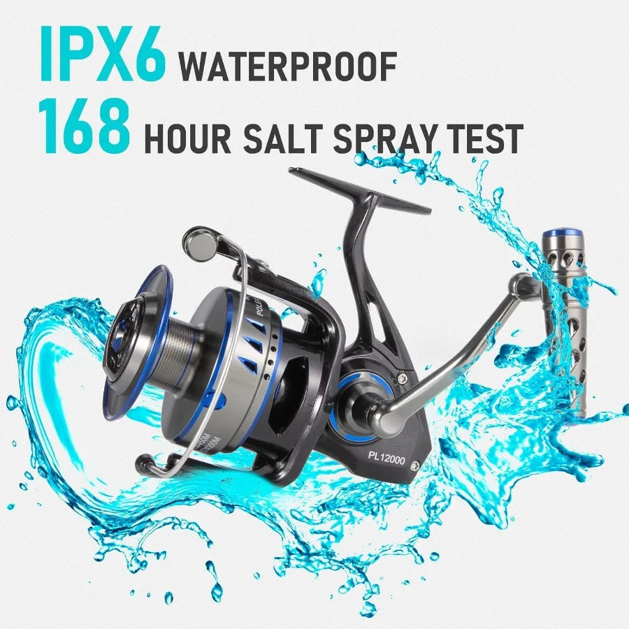 Poleax Saltwater Spinning Reel IPX6 Waterproof for Marine Fishing Braid Ready Spool with Sealed Carbon Fiber Drag System Up to