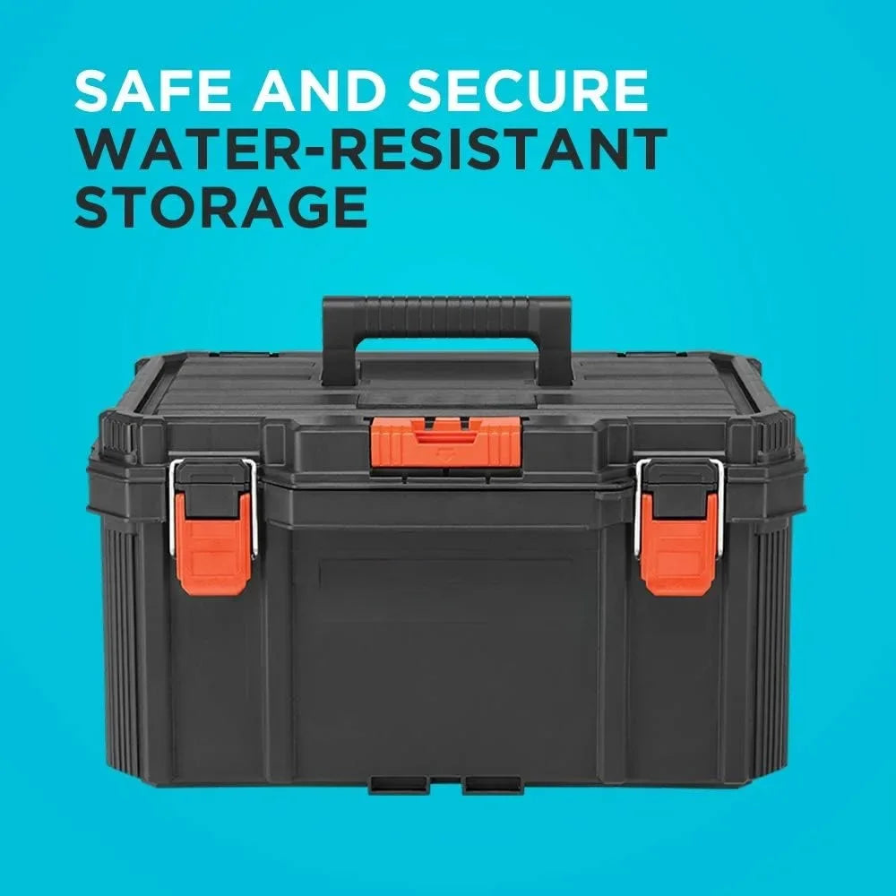 Tool Box Stackable Storage System - 3 Piece Set Small Deep Toolbox and Rolling Tote Steer Wheeled Unit Using The Ergonomic