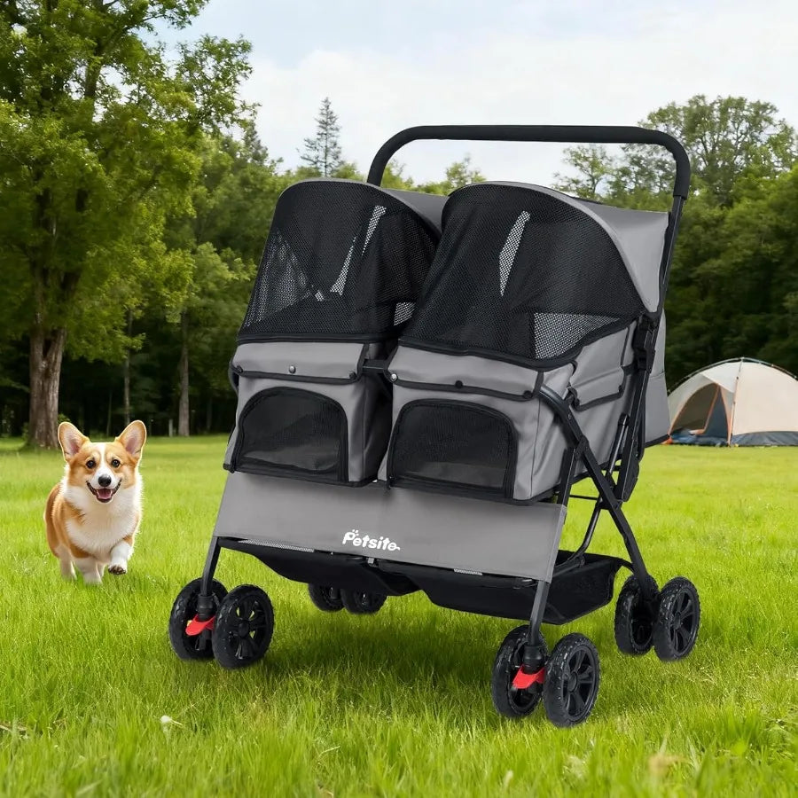 Double Pet Stroller Foldable Double Dog Stroller with 2-Seater Carrier Adjustable Sunshade Removable Pad Safety Belt Storage Ba