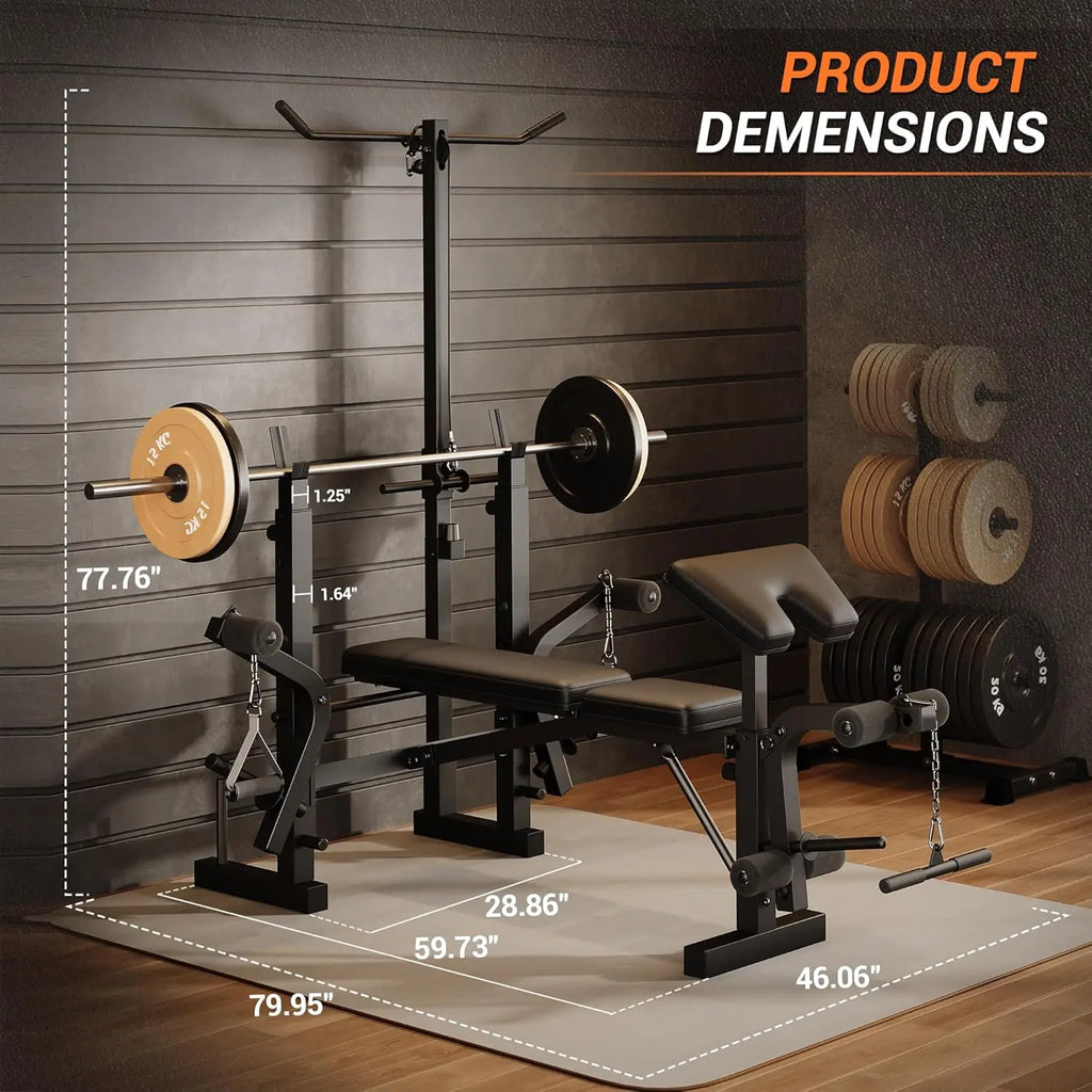 7 in 1 Strength Training Bench with Squat Rack 900 LBS Capacity Multifunctional Adjustable Foldable Workout Bench for Home Gym