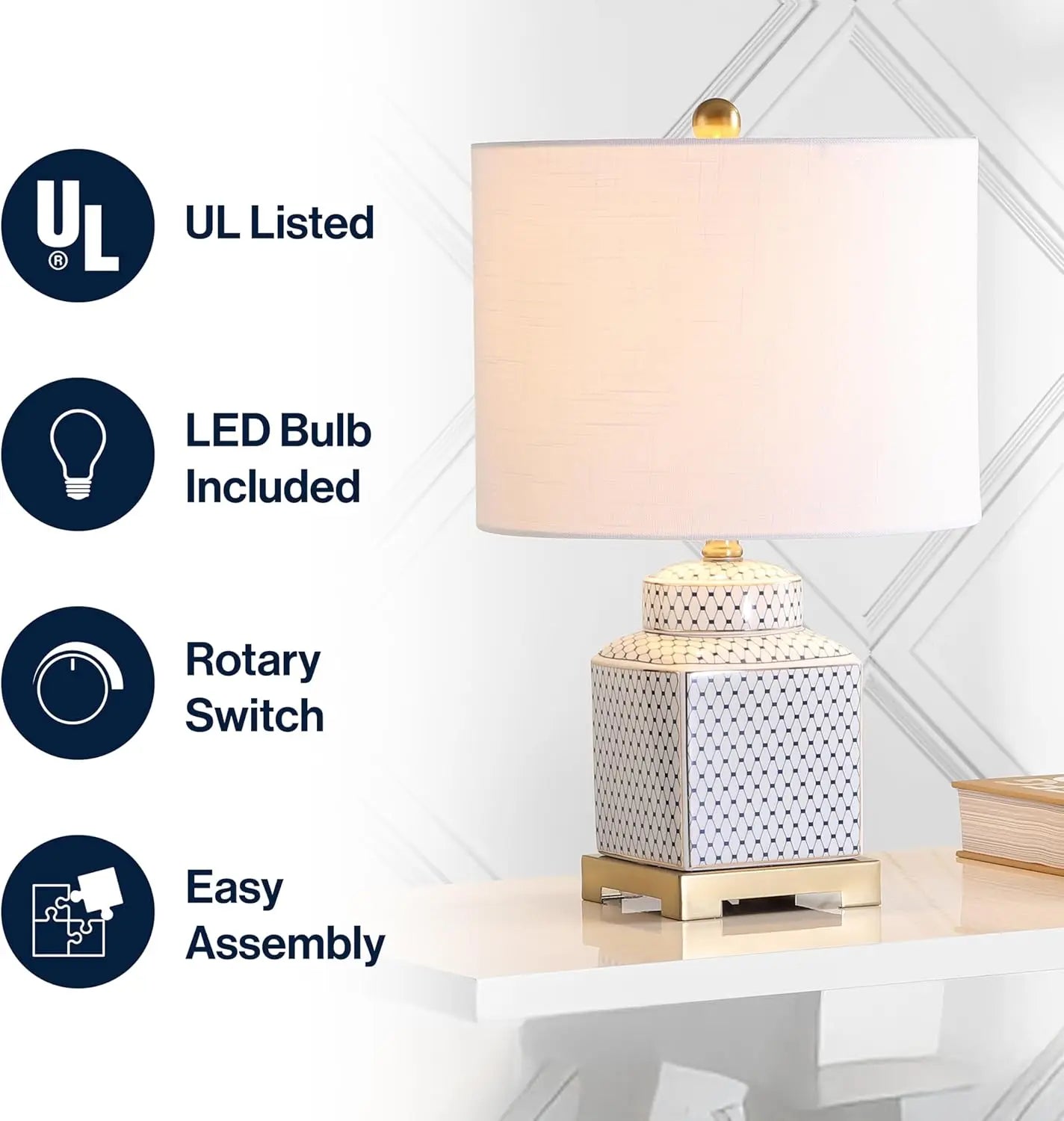 Modern Ginger Jar LED Table Lamp with Fishnet Glaze, 21.5" Ceramic/Metal Design for Bedroom, Living Room, Office