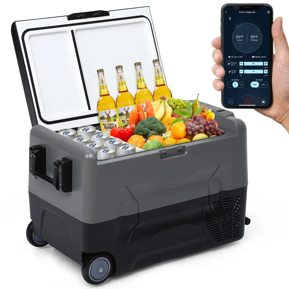 12 volt car refrigerator with movable wheels, 48 quart (45 liter) portable freezer,equipped with 12/24V DC and 110-240V AC power
