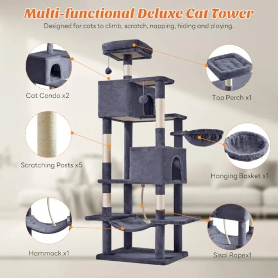 Large 66 Inch Multi-Level Cat Tree Tower with Condo Perches Sisal Scratching Posts Hammock and Dangling Balls for Indoor Cats D