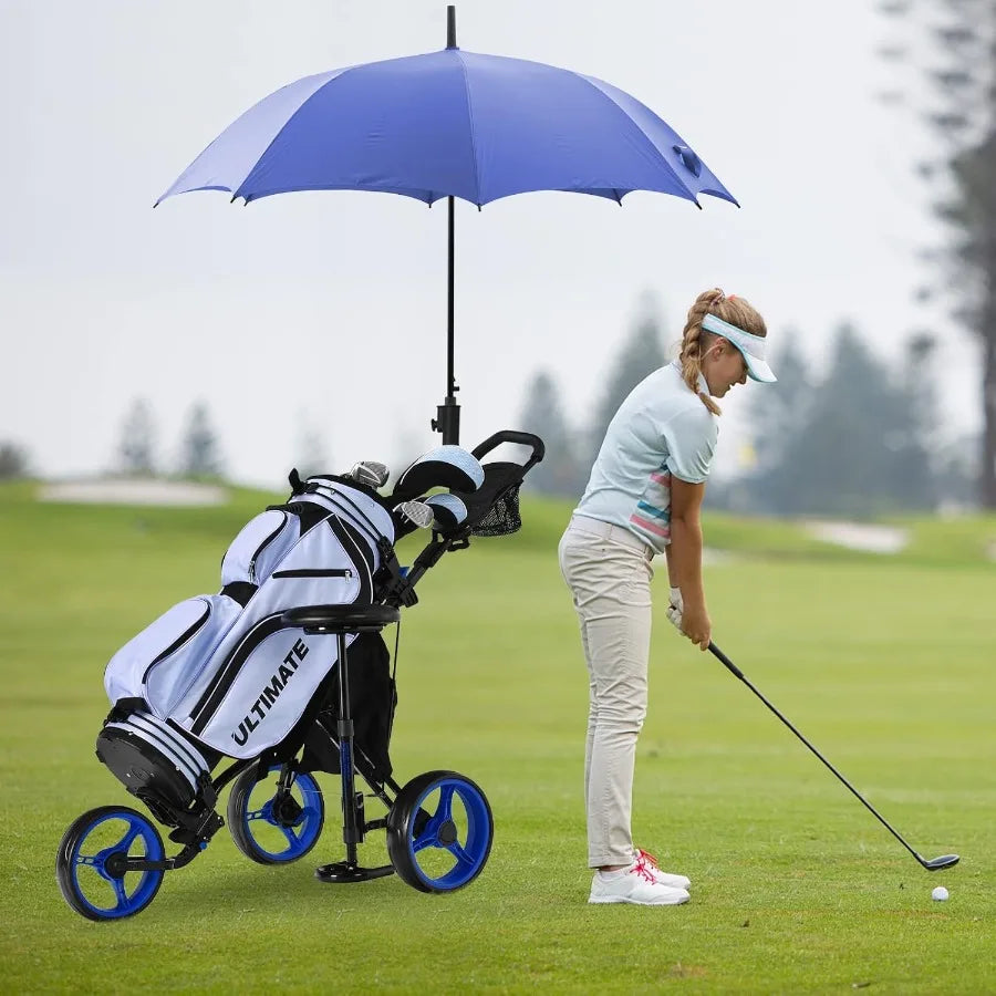 Foldable Golf Push Cart in Navy Blue with Sturdy Steel Frame for Easy Transport and Storage Adjustable Height Handlebar for Com