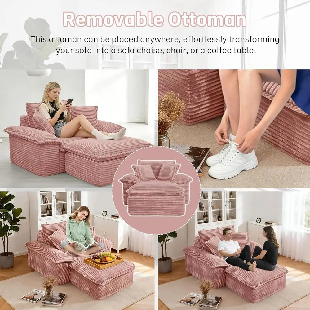 Chaise Lounge Chair Indoor, Oversized Corduroy Upholstered BonelSoa Couch, Cloud-Like Soa Bed with Ottoman or Living Room and Be