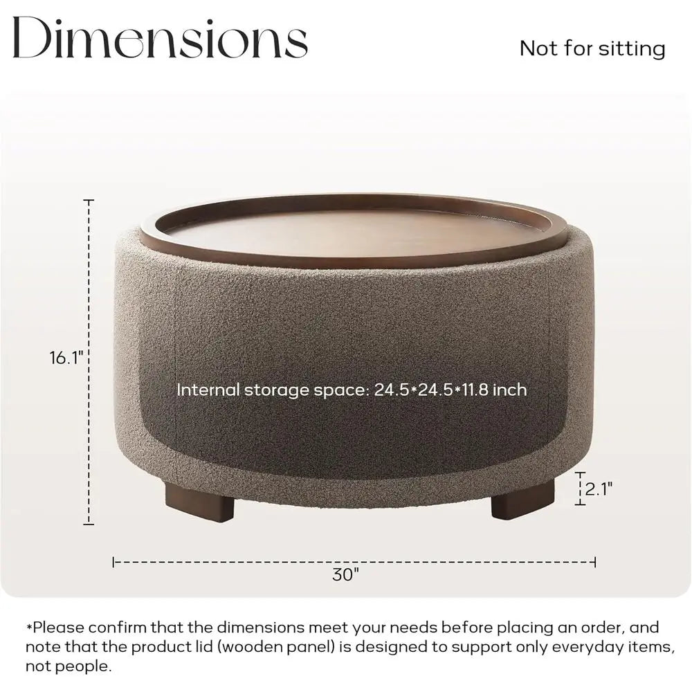 Round Storage Ottoman Coffee Table, Modern Boucle Ottoman with Lift-Off Lid and Solid Wood Legs for Living Room, Bedroom, Corner
