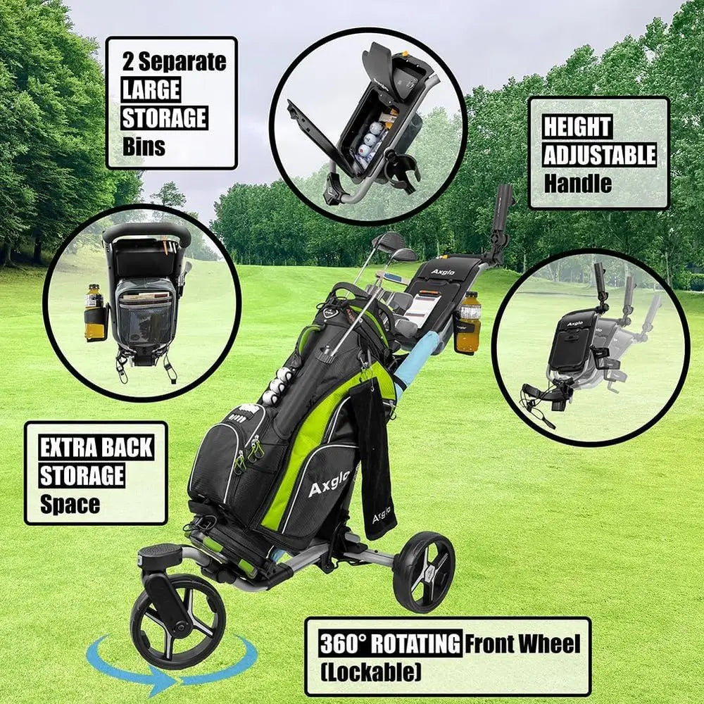 Ultra-Lightweight 3-Wheel Golf Caddy with 360° Swivel Front Wheel, Foldable Design, Dual Brake System, Large Storage Bin, and Cu