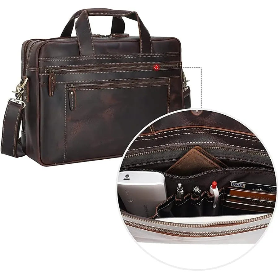 TIDING Genuine Leather Briefcase 17 Inch Laptop Messenger Bags for Men Business Travel Case Shoulder Bag
