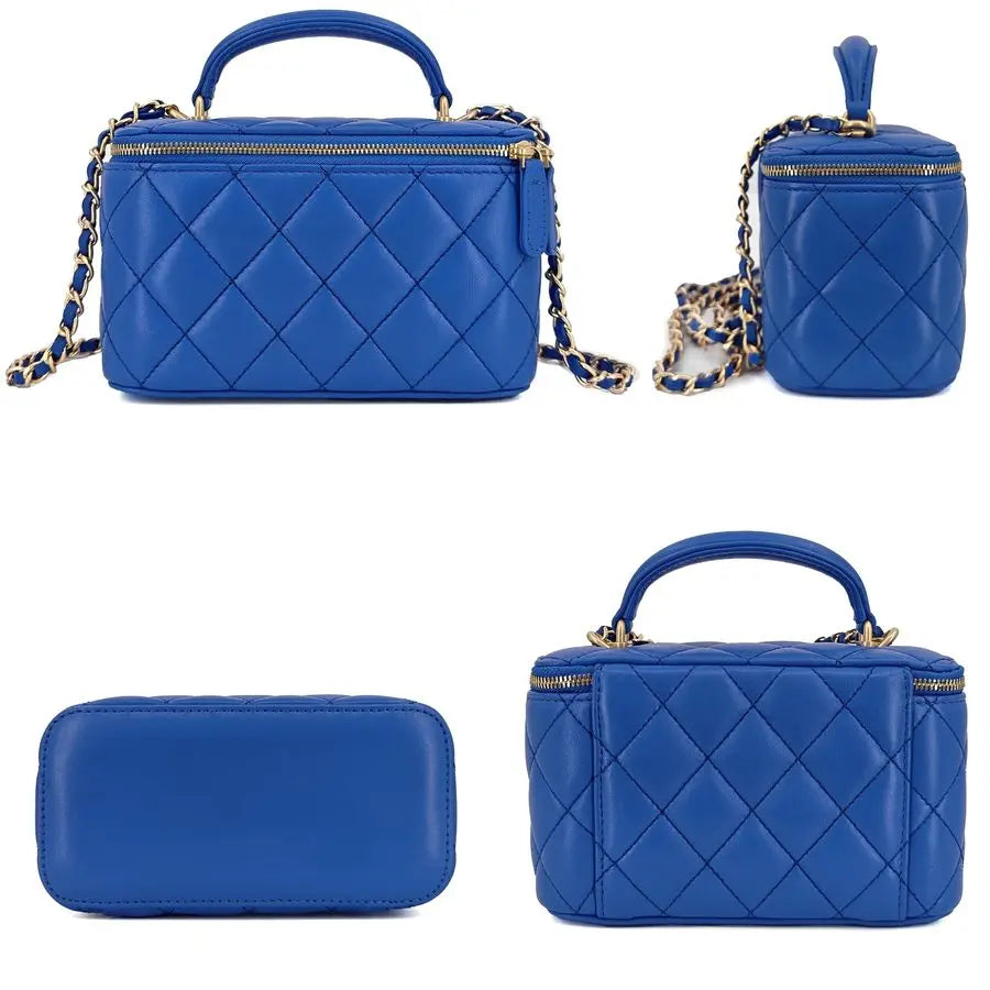 Genuine Leather Purse Quilted Crossbody Bag for Women, Mini TopHandle Shoulder Handbag w Gold Chain Strap