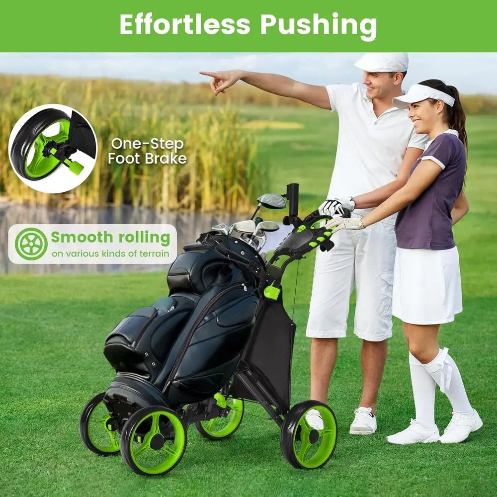 Compact Folding Golf Trolley with Scorecard Holder, Cup, Umbrella, and Bag Support, Cooler Bag, Elastic Strap, Foot Brake, Adjus