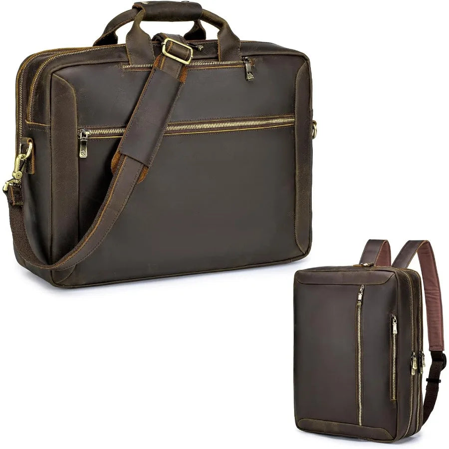 Large Full Grain Leather Briefcase Convertible Backpack For Men Business Travel Case Messenger Bag Fits 17.3" Laptop