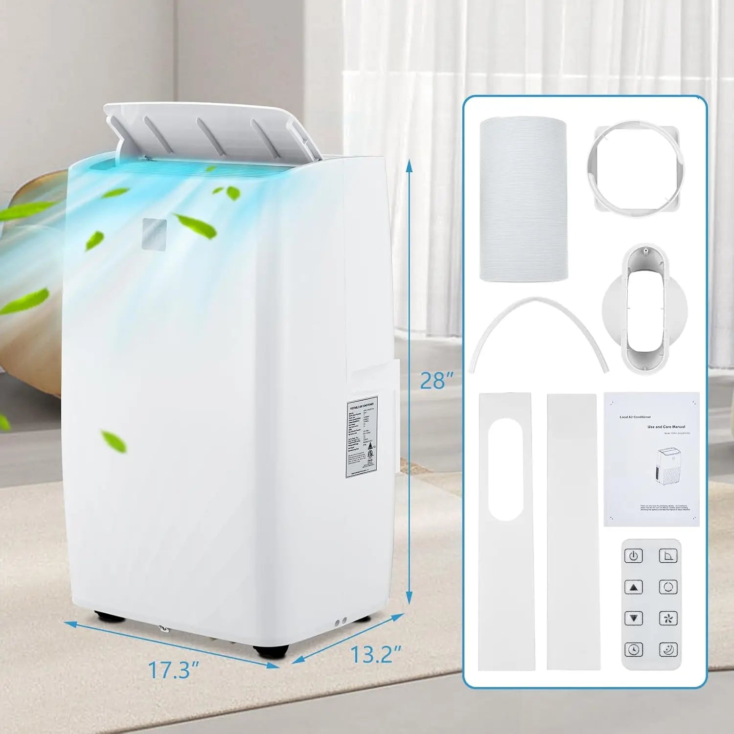 14,000 BTU Portable Air Conditioner - Smart Control Quiet 48dB 3-Speed Fan Dehumidifier 24-Hour Timer for 750 Sq. Ft.