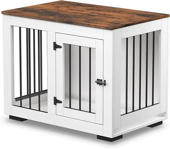 White Dog Crate Furniture for Medium Dogs Up to 40 lbs - Decorative Puppy Kennel with Wide Farmhouse Table Top & Steel Bar