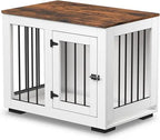 White Dog Crate Furniture for Medium Dogs Up to 40 lbs - Decorative Puppy Kennel with Wide Farmhouse Table Top & Steel Bar