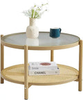 27.5 Boho Rattan Coffee Table, Round Glass Metal Center Table, Modern Simple 2 Tier Middle Table for Small Space Living