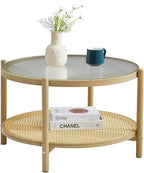 27.5 Boho Rattan Coffee Table, Round Glass Metal Center Table, Modern Simple 2 Tier Middle Table for Small Space Living