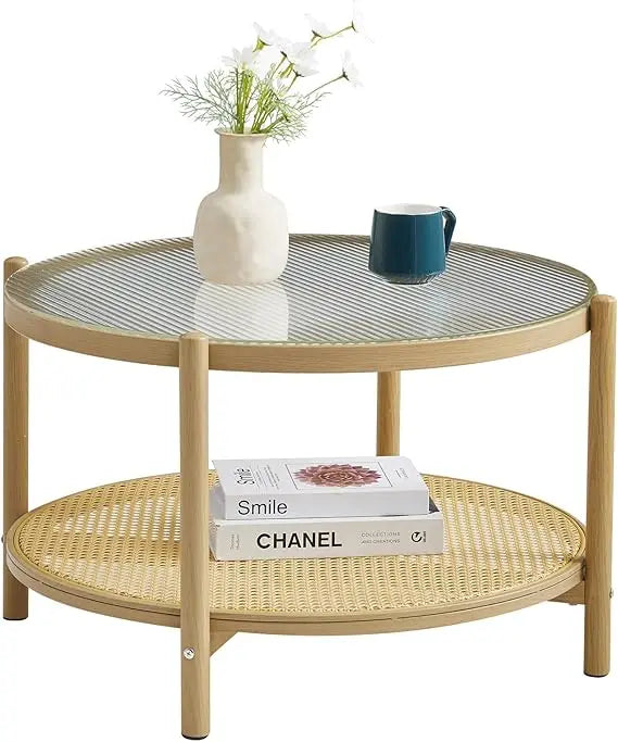 27.5 Boho Rattan Coffee Table, Round Glass Metal Center Table, Modern Simple 2 Tier Middle Table for Small Space Living