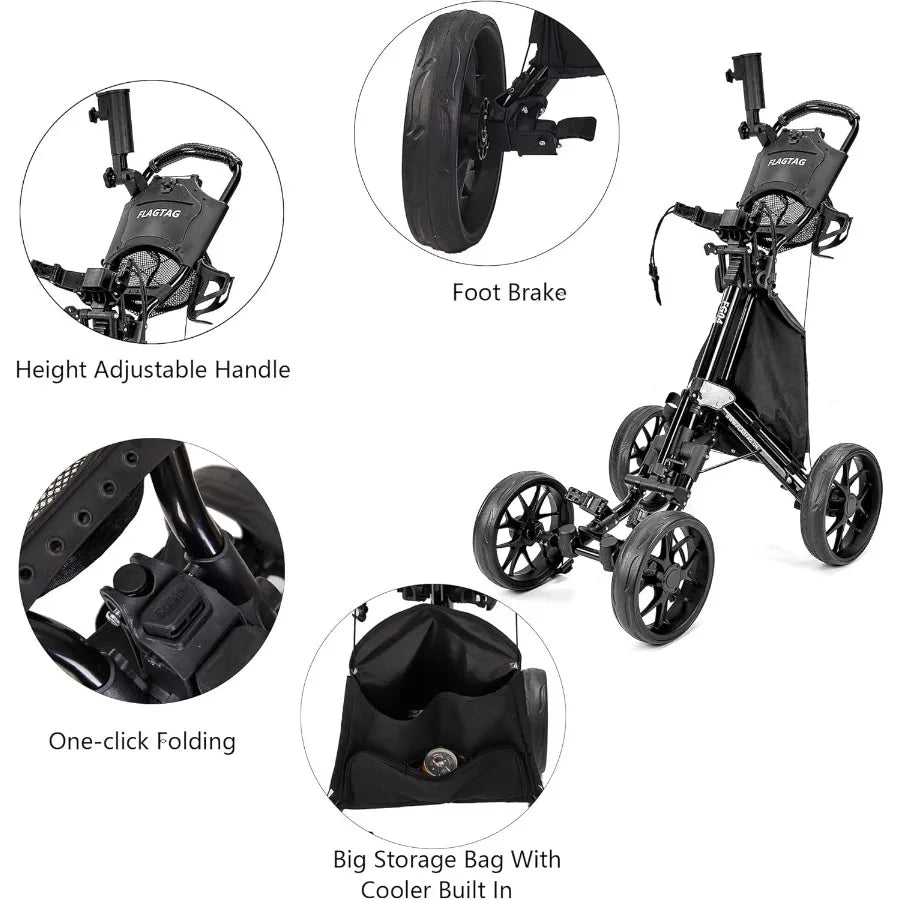 Golf Push Cart 4-WheelsFolding Golf Cart Golf Pull cart with Cup Holder Umbrella Holder Cooler Bag Foldable with one-Click Hand