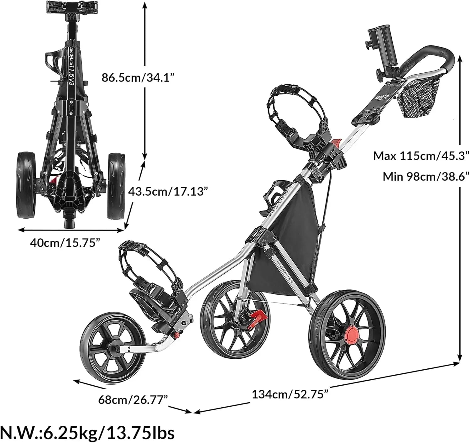 Lightweight Aluminum 3-Wheel Foldable Golf Push Cart with Adjustable Handle, Foot Brake & Accessories for Easy Storage