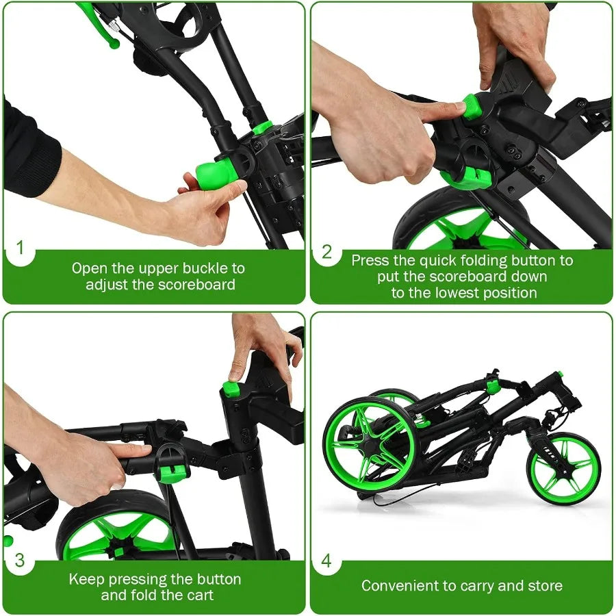 Folding Golf Push Cart with Swivel Front Wheel 3 Wheel Adjustable Golf Pull Cart for Easy Transportation and Compact Storage Id
