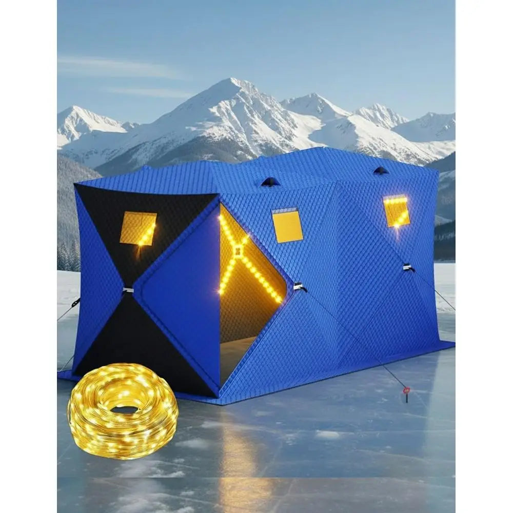 4-8 Person Insulated Ice Fishing Tent with 49 LED Light, Waterproof & Portable with 2 Doors, Anchors, Ropes & Carry Bag