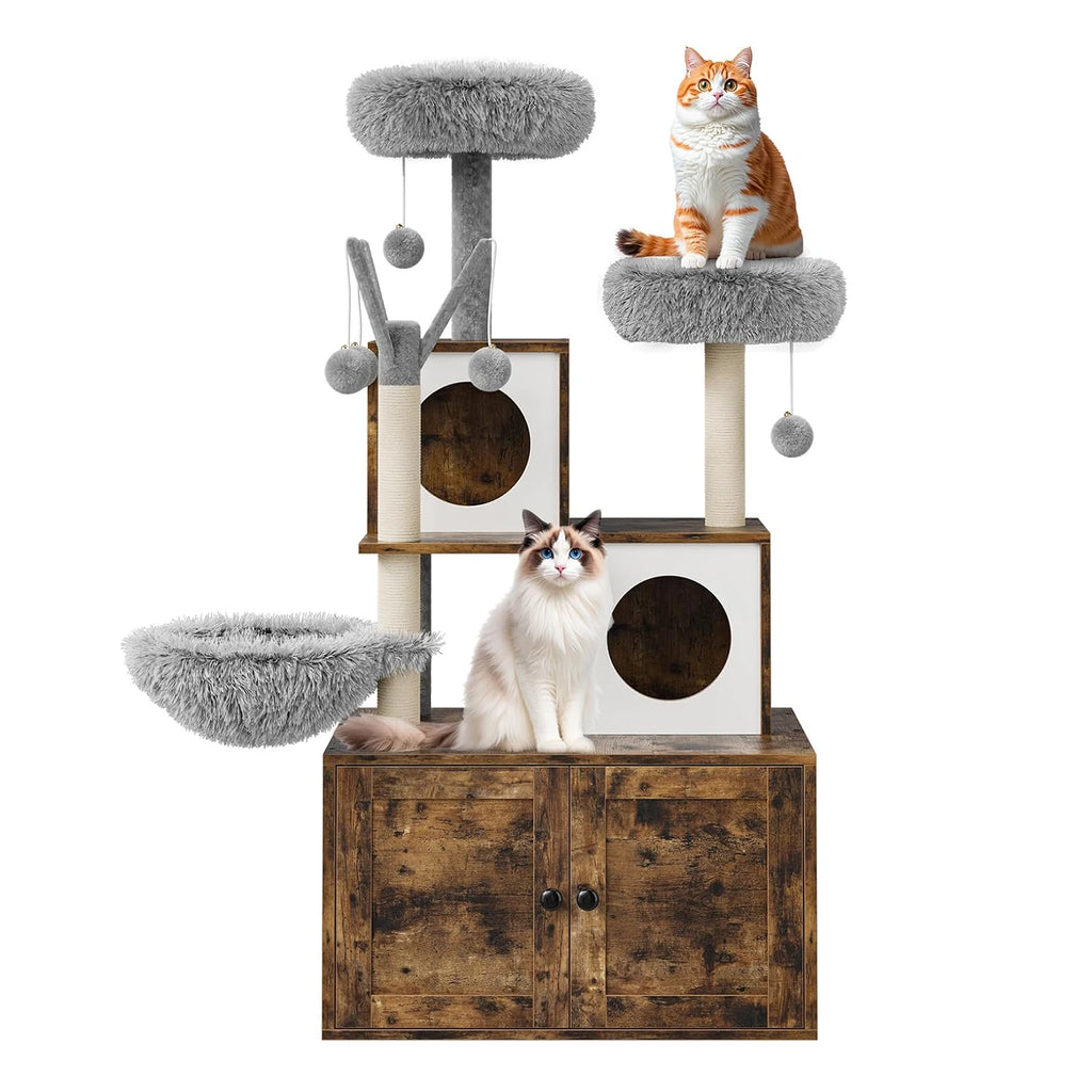 Cat Tree with Litter Box Enclosure,Cat Tower for Indoor Cats Wood Cat Condo with Scratching Post,Dangling Balls,Cat Backet Perch