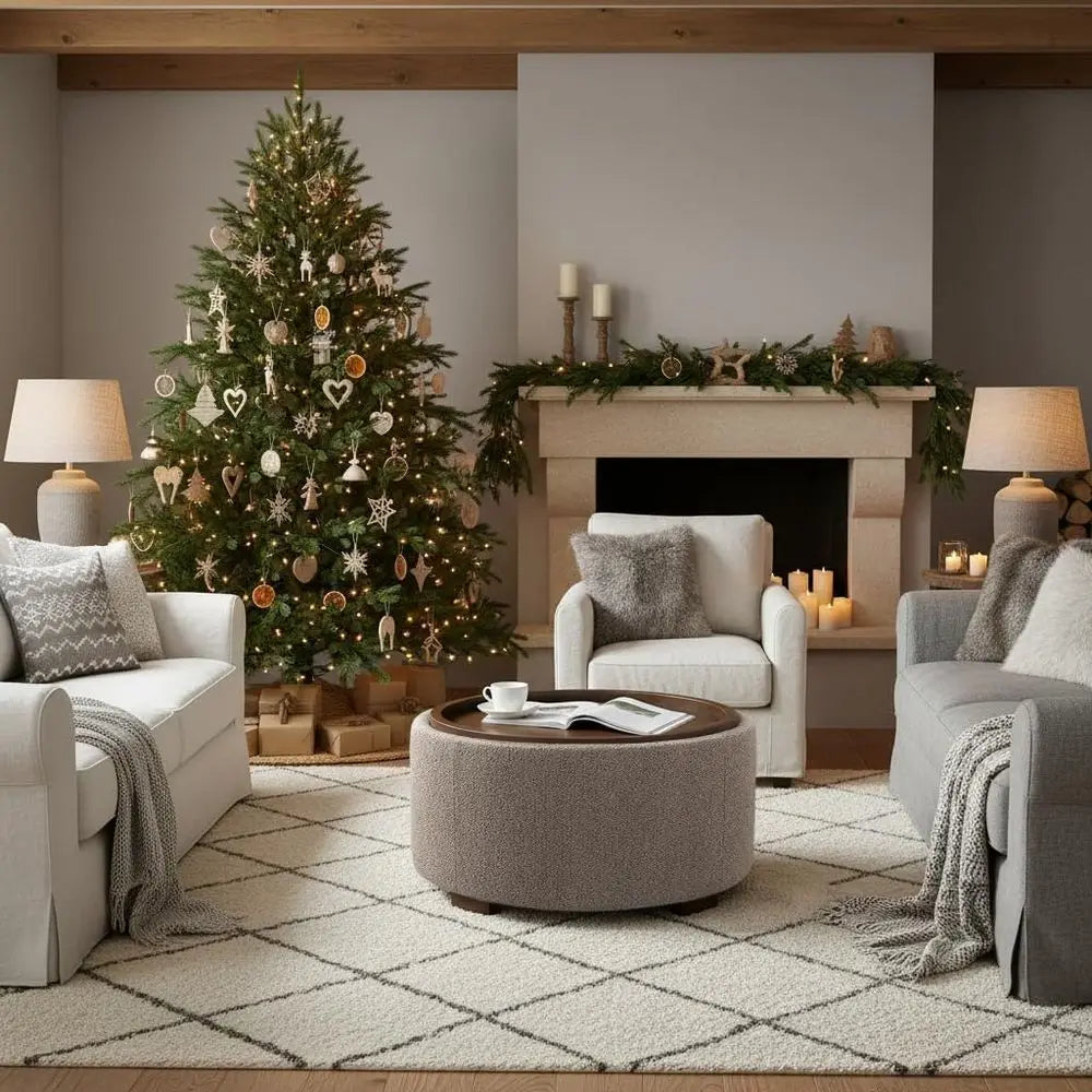 Round Storage Ottoman Coffee Table, Modern Boucle Ottoman with Lift-Off Lid and Solid Wood Legs for Living Room, Bedroom, Corner
