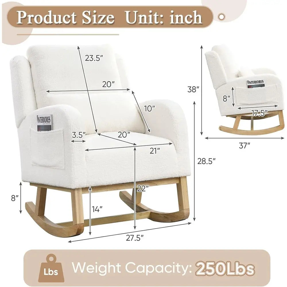 Rocking Glider Chair for Nursery, Wingback Accent Rocker Chair Upholstered Tall Back Arm Chair w/Side Pockets, Modern Leisure Si