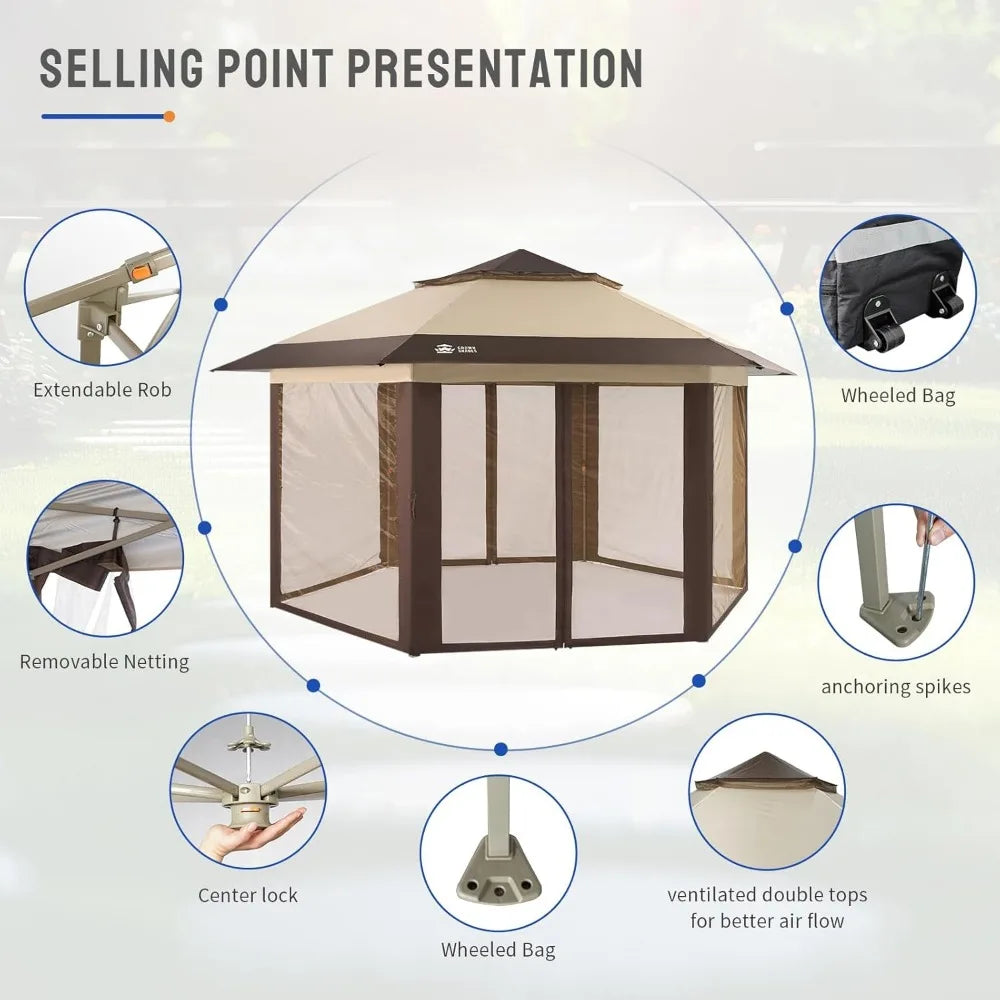 CROWN SHADES 13x13 Pop up Gazebo with Mosquito Nettings, Patented Center Lock 6-Sided Portable Gazebo, 300D Silver-Coated Fabric