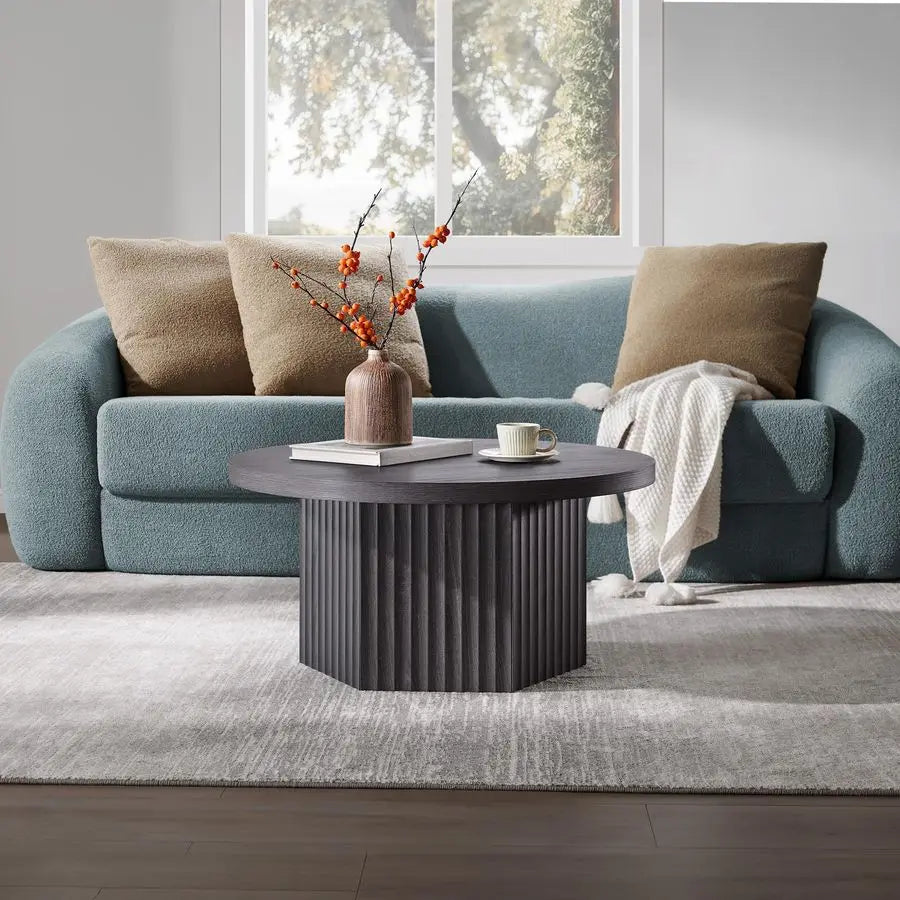 Round Coffee Table for Living Room, Mid Century Modern Fluted Center Coffee Table with Storage, 32 Circle Accent Tea Dining Tabl