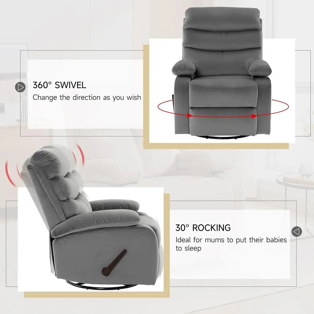 Adult Swivel Rocking Recliner for Compact Spaces: Light Grey Chair for Living Rooms, Nurseries, and RVs