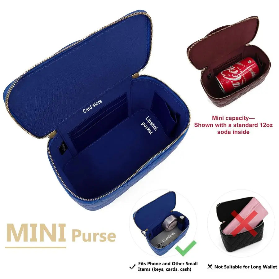 Genuine Leather Purse Quilted Crossbody Bag for Women, Mini TopHandle Shoulder Handbag w Gold Chain Strap