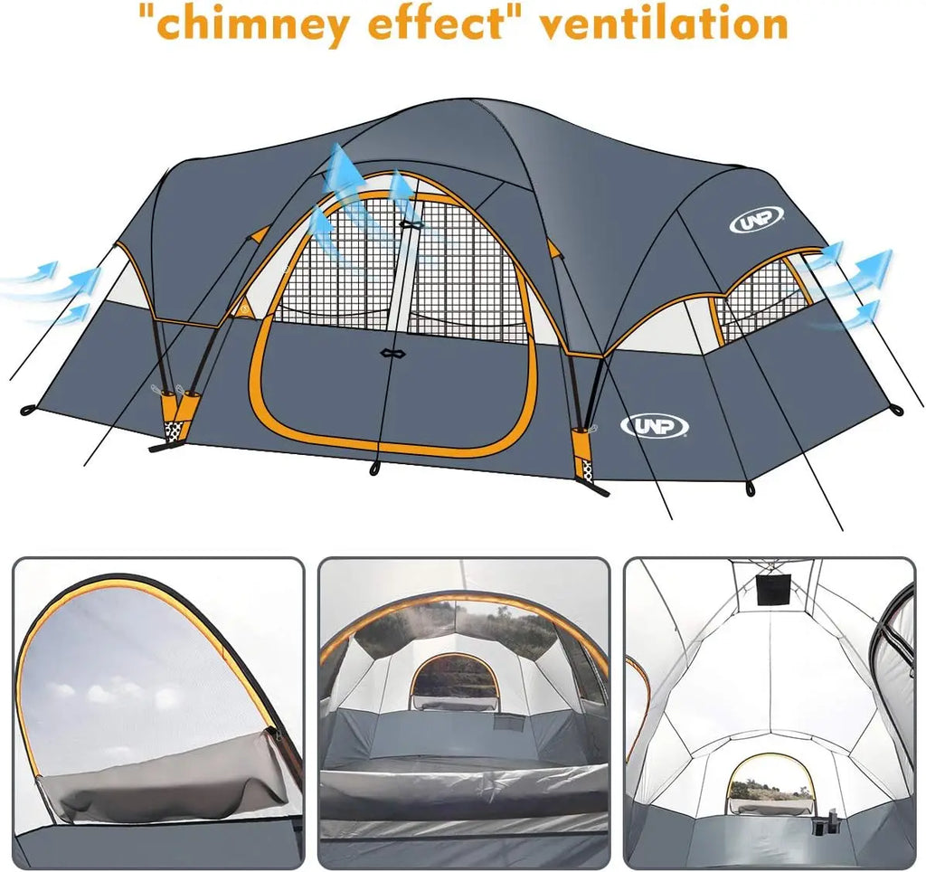 10-Person Family Camping Tent, Easy Setup, Waterproof, 2 Rooms, Large Mesh Windows for Ventilation and Star View