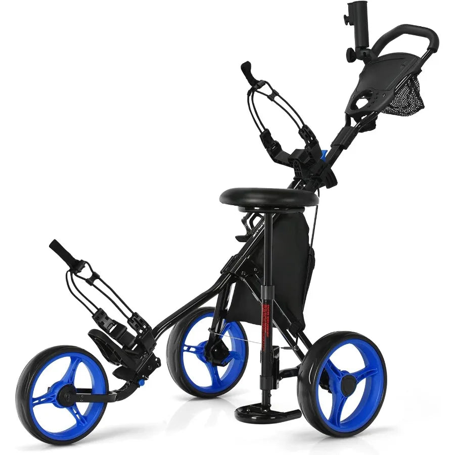 Foldable Golf Push Cart in Navy Blue with Sturdy Steel Frame for Easy Transport and Storage Adjustable Height Handlebar for Com